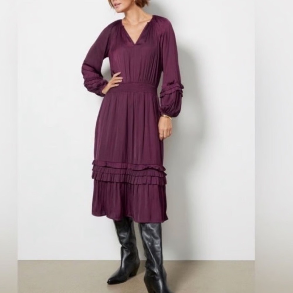 Evereve Satin Midi Dress Plum Purple Pleated VNeck Smocked Waist whimsigoth boho